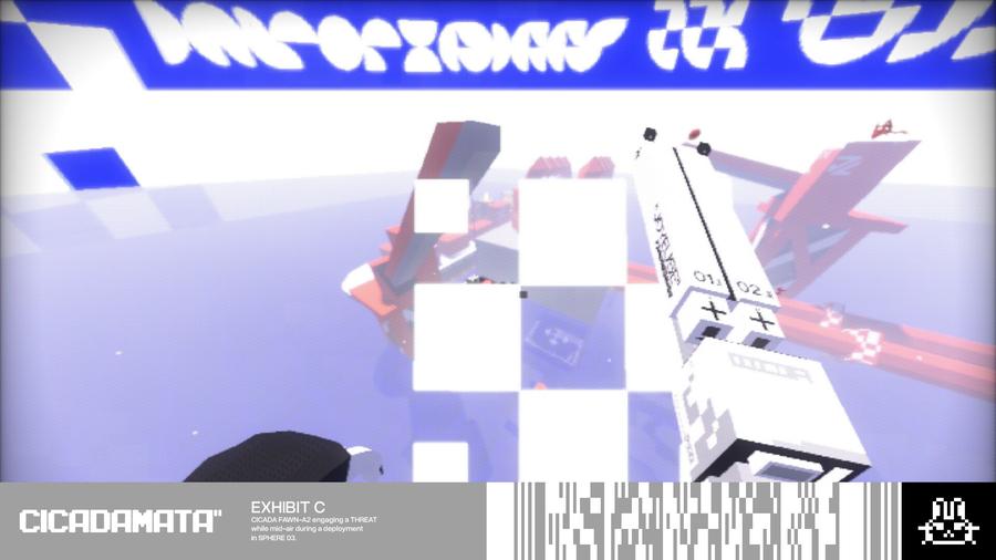 Mid-air fight against a threat in the blue skies of Sphere 2, first-person view